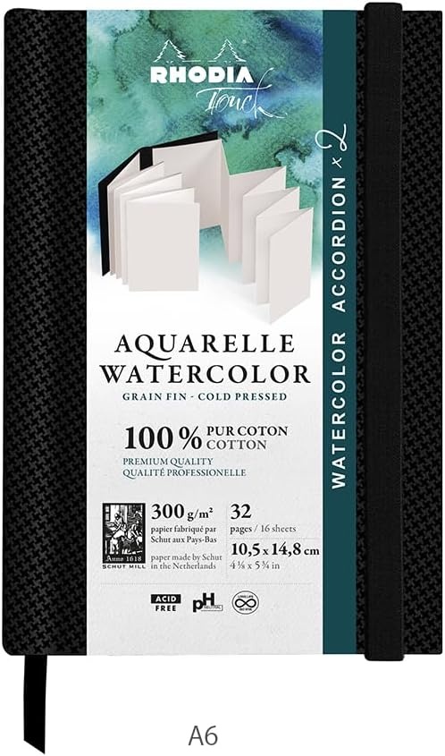 image:imageRhodia 116152C  Rhodia Touch Watercolor Book 100 fine Grain Cotton Paper 300g  A6 Portrait 32 Pages 16x2 Rigid Double Accordion Notebooka6