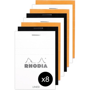 image:imageRhodia 11600AMZC  A pack of 8 staple notepads No11  A7  ruled  80 sheets  80 gm  3 assorted colours orange black and whitePack of 8
